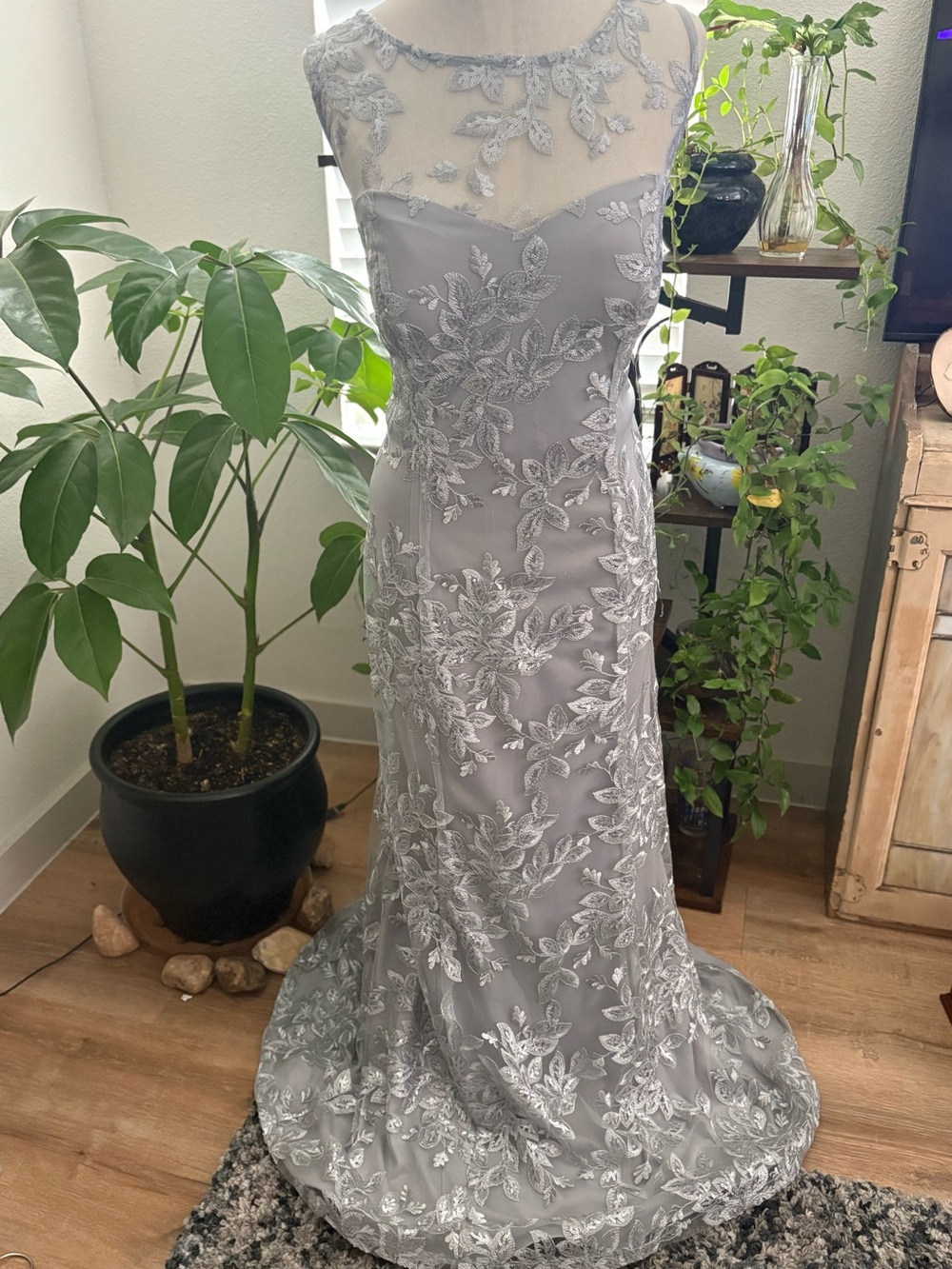 Silver & Light Gray Embroidered Illusion Neckline Formal Gown w/ Light Sparkle